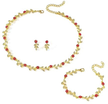 XFSRG Parures Bijoux Femme Mariage Ensemble De Bijoux Pour Femme Or Rouge Floral Élégant Pour Occasions Spéciales (Rouge)