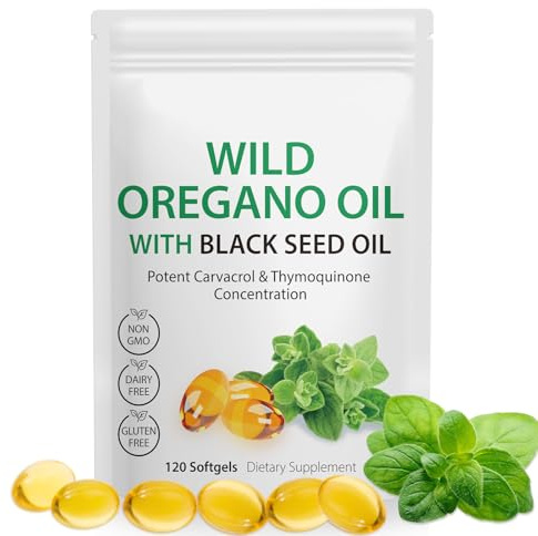 Huile d'origan 120 gélules, Gélules d'huile d'origan, 2 en 1 6000 mg avec huiles de graines noires 200 mg et 165 mg de carvacrol | Pressé à froid