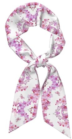 Écharpe longue en forme de bande imprimée fleurs roses et papillon pour femme Cravate comme de la soie Écharpe légère pour cheveux Cadeau de vacances pour femme