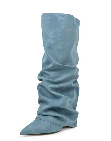 Generisch Boots Women's Slouchy Boots, Women's Boots, Pointed Toe Platform Heel Long Shaft Knee High Boots Winter Warm Leather Fashion Comfort Dressy Comfortable Platform Boots, 01 Light Blue, 2 UK