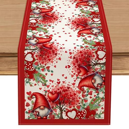 Valentine Dwarf Heart Branch Leaf Table Runner , Red Rose Wedding Anniversary Seasonal Table Decoration for Home Party Holiday Dinning Kitchen Decor 13x108 Inch