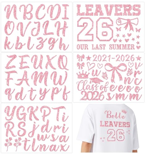 DOORIO 5 Sheets 2026 Leavers Iron on Transfers Class of 2026 Transfer Names Glitter DIY Leavers Shirt Decoration Graduation Transfers for Clothing T-Shirts Backpacks Jerseys (Pink)