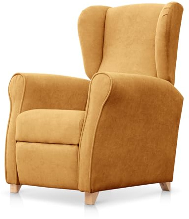 SUENOSZZZ-ESPECIALISTAS DEL DESCANSO Sillón Relax orejero Irene reclinable con Patas de Madera, Relax nórdico tapizado en Tela Antimanchas Mostaza