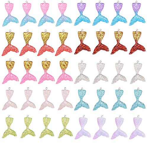 SUNNYCLUE 40Pcs 10 Color Resin Mermaid Tail Charms Flatback Pendants with Hole 2mm for DIY Jewelry Making Earring Bracelets Necklace Ornament Scrapbook DIY Crafts