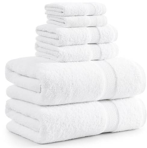LANE LINEN 100% Cotton Bath Towel Set - 6 Pieces - Super Soft, Highly Absorbent & Quick Dry - 2 Bath, 2 Washcloths, 2 Hand Towels for Bathroom - Hotel Quality, Ideal for Spa, Gym & Travel - White