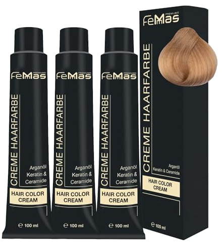 FemMas Haarfarbe 3x Hell Lichtblond Schokolade 10.99 I Creme Haarfarbe mit Arganöl, Keratin & Ceramiden I dauerthafte Haarfärbung oder Tönung für strahlende Farbergebnisse I 100 ml