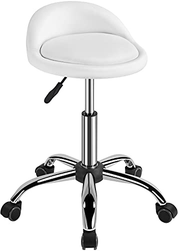 Yaheetech Tabouret à Roulette Erconomique Tabouret Haut roulettes Coussin de Massage Salon Tabouret Hauteur Réglable pour Coiffure Cuisine Bureau Clinique Pub Blanc