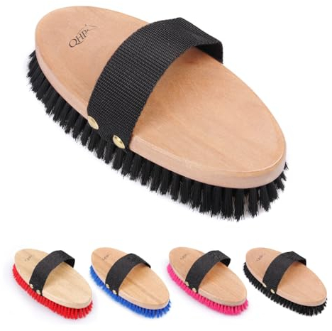 netproshop Weiche Kardätsche Pferdebürste mit Holzgriff und Nylonband, Farbe:Schwarz