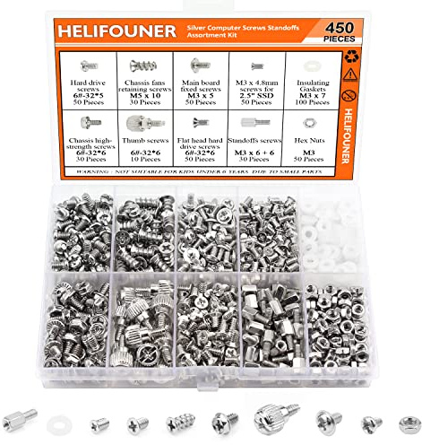 HELIFOUNER 450 Pieces Computer Standoffs Screws Assortment Kit for 2.5 SSD, Hard Drive, Computer Case, Motherboard, Fan Power Graphics with Screwdriver, Silver