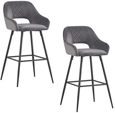 JYMTOM 2er Set Samt Barhocker Grauer Hocker mit Armlehne Metallbeine Modern Design hohe Hocker für Esszimmer Bar Cafè und Counter (Samt, Grau)