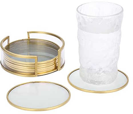 BSTKEY Set di 8 sottobicchieri in vetro dorato trasparente - rotondi da 10 cm con supporto - decorativi per caffè, tè, vino e bevande