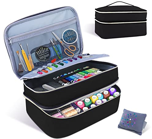 Sömnadsmaterial organiseringsväska, dubbelskikt sybox organisering tillbehör förvaringsväska, stor sömkorg resa kvinnor sybox för sömnadsmaterial, sax, tråd, stift, nålar, klämmor (svart)