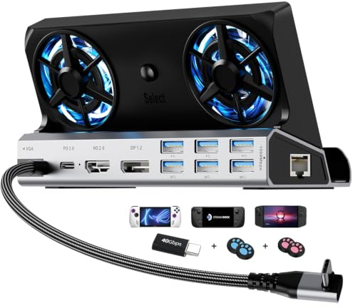 14-i-1 ångdäcksdockningsstation för ångdäck/Rog Ally/Switch/Legion Go dubbla kylfläktar 4K @ 60Hz, 1080P 6 USB-portar, 1 000 Mbps, 100 W typ C-laddning, DP1.2, 40 Gbps adapter