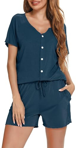 Vlazom Pigiama da Donna Estivi Manica Corta Pigiama Set con Bottoni Scollo a V Indumenti da Notte，A-Blu Pavone，XL