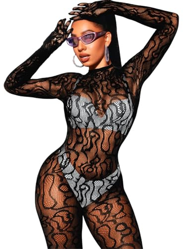 EHSUYAB Women Sexy Fishnet Full Bodysuit, Mesh Lace Poster Jumpsuit Glow Party Rave Outfits, Body Stockings Halloween Costume Black