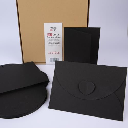 PresentFill® - blanko Falt-Karten inkl. Briefumschläge mit Herz Verschluß - 25er Set - Schwarz - Klappkarten zum selbst gestalten, beschriften oder bedrucken - DIN A6 / C6