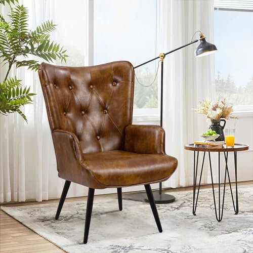 Ckaff Poltrona Salotto, Poltrona Imbottita Scandinava Poltrone Camera da Letto con Braccioli Poltrone Relax in Finta Pelle con Schienale Alto per Camera da Letto Soggiorno, Marrone