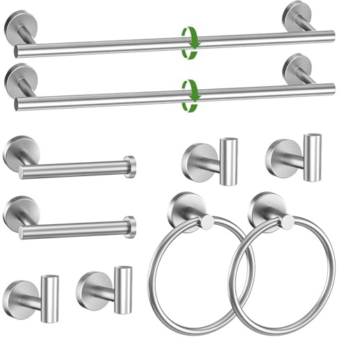Set di 10 portasciugamani in nichel spazzolato, accessori per il bagno, include barra portasciugamani da 60 cm, anello per asciugamani rotondo e ganci in acciaio inox, set di portasciugamani da parete