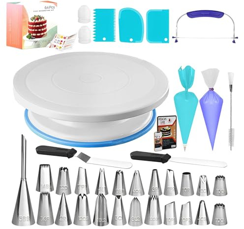 Kit de décoration de gâteaux, 64 pièces, plateau tournant, douilles et outils de pâtisserie, sacs réutilisables, kit complet de glaçage pour cupcakes, cookies et décoration de cupcakes