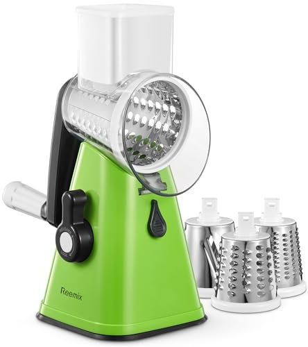 Rotary Cheese Grater, Reemix Rotary Vegetable Slicer, Rotary Kitchen Mandoline Vegetable Slicer with 3 Replaceable Stainless Steel Blades (Green)
