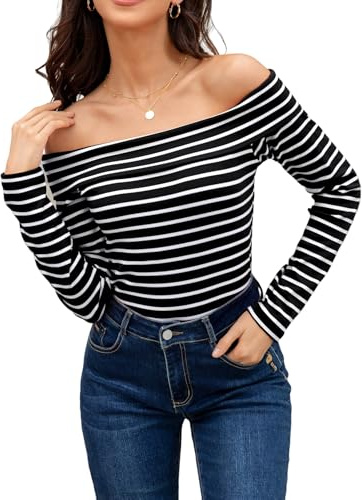 LA BAIESO Striped Off The Shoulder Tops for Women Spring Fall Long Sleeve Knit Shirts Slim Fit Sexy Boat Neck Y2K Blouses, Black Stripe, S