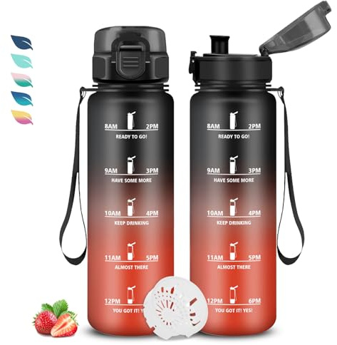 Grsta Trinkflasche 1l, Trinkflasche 1l Kohlensäure Geeignet, Wasserflasche Auslaufsicher, Wasserflasche mit Zeitmarkierung und Filter, Leicht zu Reinigen, Flasche Sport für Schule, Büro, Outdoor