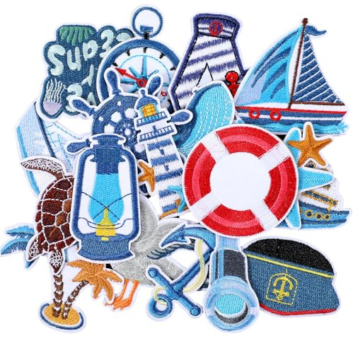 18 Stück Flicken Zum Aufbügeln Küsten Aufbügler Meer Bügelbilder Für Textilien Niedliche Sommer Marine Strand Cartoon Bügelflicken Blaue Stickerei Aufnäher Für Kleidung Jacken Jeans Schuhe Rucksäcke
