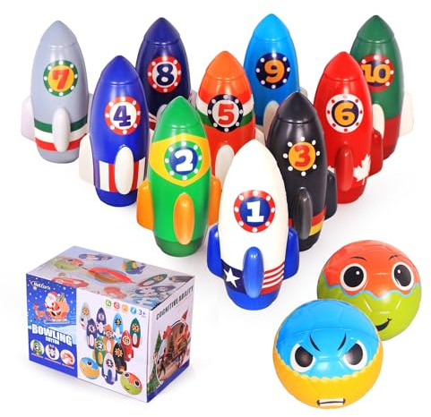 Nattork Rocket Kids Bowling Set - Toddler bowling Game Indoor Outdoor with 10 Foam Pins 2 Balls, Educational Games Set for Age 4-5,5-12 Kids Birthday Gift