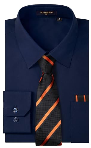 HISDERN Camisa Hombre Manga Larga y Corbata Azul Camisa Slim Fit Hombre Elegante Casual de Boda de Color Sólido Estilo de Negocios con Botones y Bolsillos Regular 2XL