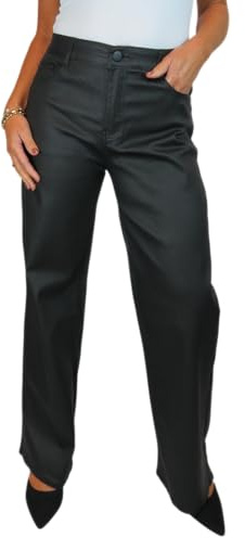 Paulo Due Womens Wide Leg Leather Look Jeans | Ladies High Waist Coated Trousers With Real Pockets, Very Stretchy, Comfy, Smart Casual