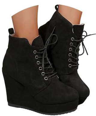 Qgtxf Stivali con Tacco Cuneo per le Donne, Stivali in Camomile con Pizzo Scarpe da Abito Piattaforma Tacco Alto 10cm(Black,40 EU)