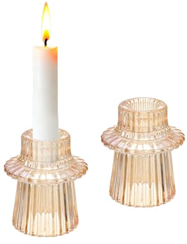 sourcing map 2 portavelas de cristal cónico, 1.6 pulgadas, vintage, acanalado, candelabro pequeño para centros de mesa de boda, fiestas, decoración del hogar, ámbar