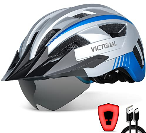 VICTGOAL Fahrradhelm Herren Damen MTB Helm mit Abnehmbarer Magnetische Schutzbrille Visier Atmungsaktiv mit 21 Belüftungskanäle Radhelm Einstellbare Fahrradhelme (L: 57-61cm, Silber)