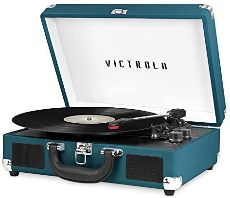 Victrola Journey Bluetooth Portable Suitcase Record Player – with Built-in Speakers, 3 Speed Vinyl Record Player, RCA Out, Headphone Jack (Blue Coral)