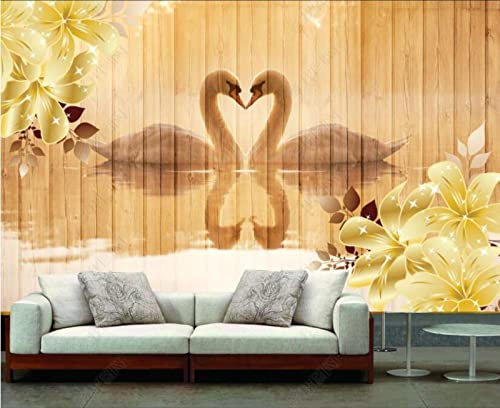 Wesmilewallpaper Pared De Fondo De Decoración De Madera Retro De Cisne De Pétalos Dorados Hermosos Papel De Pared 3D Tela No Tejida Papel Tapiz Papel Pintado 430x300cm