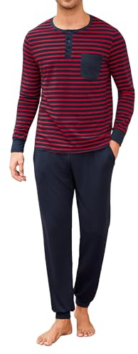 Leversic Pyjama Hommes Hiver Coton Ensemble de Chemise Manches Longues Vêtements de Nuit Col Rond Boutons Vêtements de Détente pour Hommes Deux Pièces Confortable Doux Rouge M
