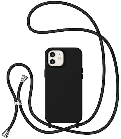 ZTOFERA Crossbody Lanyard Case for iPhone 12/12 Pro, Liquid Silicone Protective Phone Case with Strap Adjustable Neck Cord Necklace Soft Cover, Black
