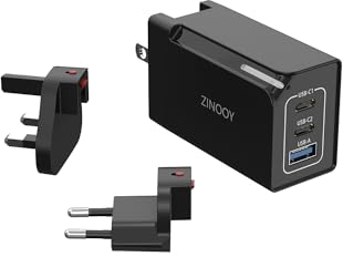 Zinooy USB C Ladegerät, 65W GaN Schnellladeblock mit US EU UK Stecker für Reisen, PD 3.0 Wandladegerät für MacBook Pro/Air, für Apple 15 Pro Max, Galaxy S23, Steam Deck (Weiß)