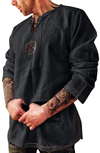 Herren Leinenhemd Mittelalter Hemd Tunika Sommer Hemden Langarm Retro Kragen mit Schnürung Männer Freizeithemd Mitteralterhemd Leinen Yoga Shirt Fisherman Sommerhemd Wikinger Kostüm Kleidung