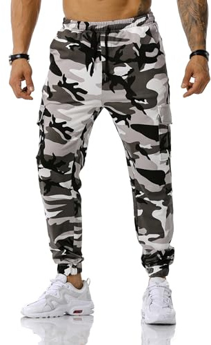 MakingDa Pantaloni della Tuta da Uomo Camo Gym Joggers Cargo Con Coulisse Multi-Tasca - Pantaloni da Corsa, Combattimento Mimetici, Lavoro - Grigio e Bianco
