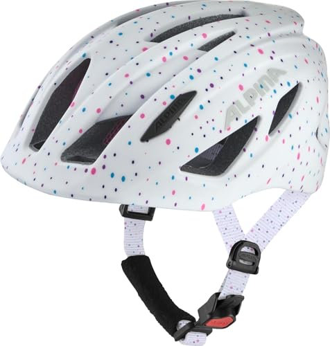 ALPINA PICO Flash - Beleuchteter, Leichter & Bruchfester Fahrradhelm Mit Fliegennetz Für Kinder, White Polka dots Gloss, 50-55 cm