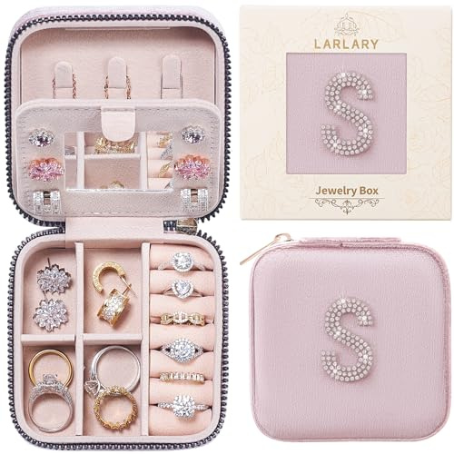 Larlary Resesmyckeskrin för resor, smyckeslåda för ringar, örhängen, halsband och armband med bokstäver, rosa (S)