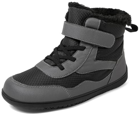 Kids Barefoot Winter Boots Wide Toe Boys Girls Walking Boots Anti-Slip Warm Faux Fur Lined Snow Boots,Grey,9UK Child