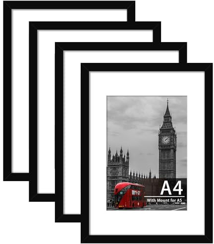 Tinkeps 4 Pack A4 Black Picture Frame, Engineered Wood and Plexiglass, A4 Frame with Mount for A5 Prints, Photos, and Posters, Tabletop and Wall Mountable