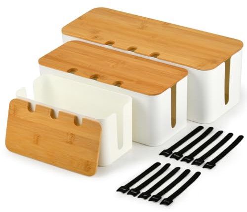 BOPEUY Lot de 3 Blanc Boite Rangement Cable avec Couvercle Bambou, Boite Cache Cable, Boite Cache Cable Multiprise, Boite Range Cable, Cable Organizer, Boite Cable Electrique pour Maison Bureau, L/M/S