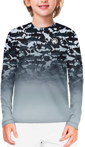 Shark Rash Guard for Kid Boy Black Long Sleeve Water Sport Swim Tops Long Sleeve Fishing Sun Shirt 9-10 Years