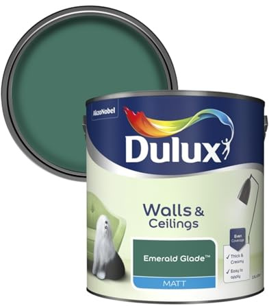 Dulux Walls & Ceilings Matt Emulsion Paint, Long-Lasting, Easy-To-Apply, Quick Drying, Perfect For Living Rooms, Bedrooms, Hallways, Kitchens, Indoor & Outdoor Use, 2.5L, (Emerald Glade)