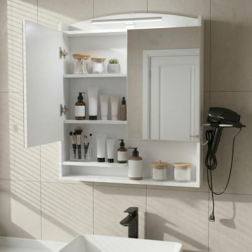 DazzlerE Mobiletto a specchio per bagno con illuminazione, larghezza 60 cm, con prese di corrente, ganci e porta-phon, bianco, 60 x 15 x 64,2 cm