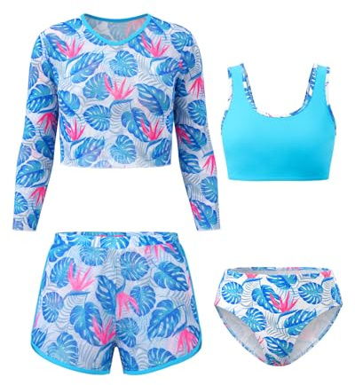 JiAmy Girls 4 Piece Swimsuit Set Long Sleeve Cover Up Shorts 150,Blue