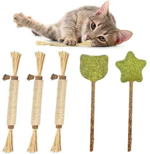 YXBWM 5 Pack Natural Cat Chew Toys, Silvervine Matatabi Sticks with Sisal Rope & Gall Fruit, Catnip Lollipops Dental Toy for Teeth Cleaning, Boredom & Stress Relief for Cats and Kittens